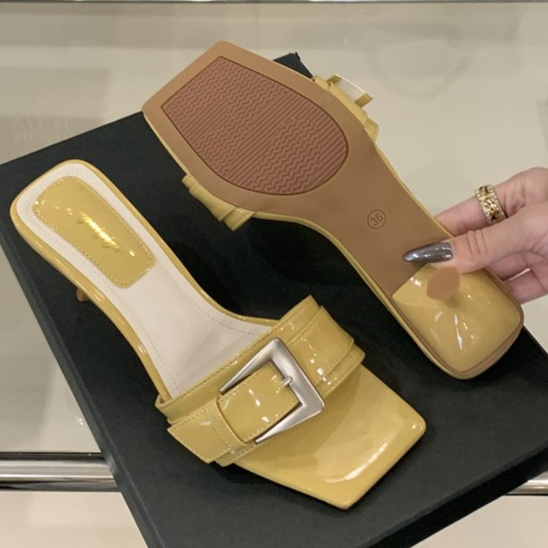 Fashion Patent Leather Buckle Design Brand Slippers Women Fashion Open Toe Thin Heel Slide Sandals Elegant Comfortable High Heel Sandals