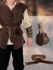 Set Costum Renascentist Halloween pentru Bărbați, 6 Piese: Vestă Medievală, Cămașă, Pantaloni cu Benzi la Gleznă, Curea Vikingă, Pungă pentru Braț