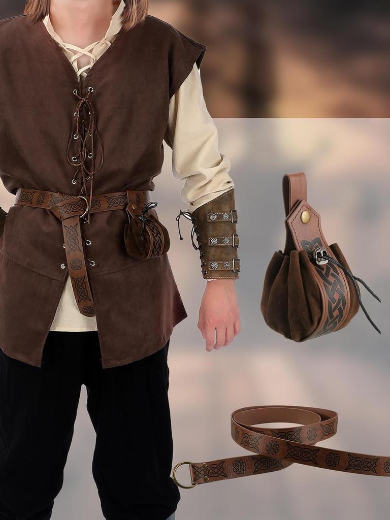 6 Pcs Men's Halloween Renaissance Costume Set Medieval Vest Shirt Ankle Banded Pants Viking Belt Armband Pouch