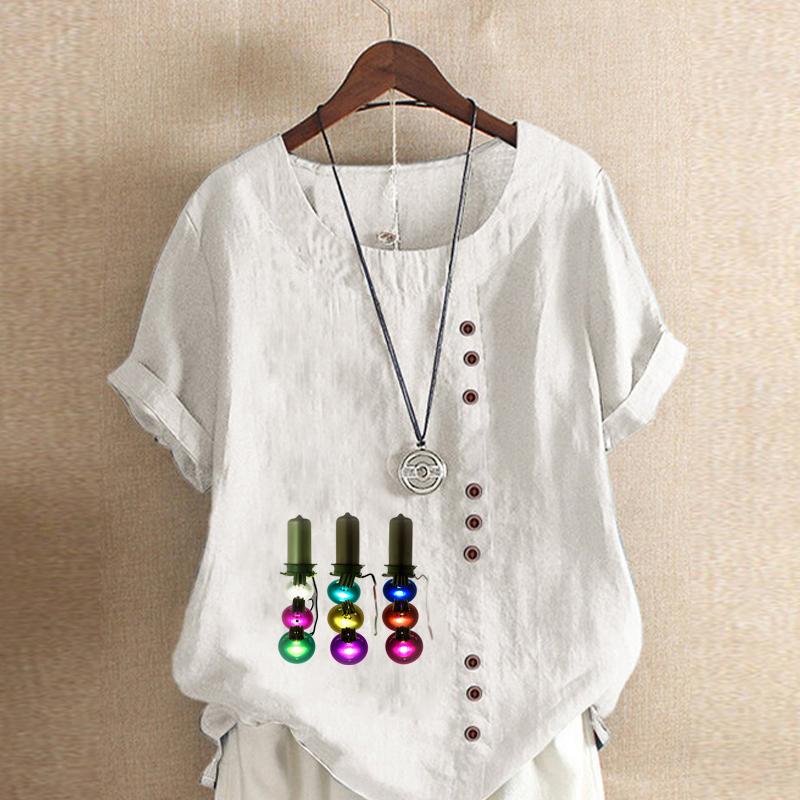 Women's Fashion Round Neck Short Sleeve T-shirt Casual Cotton Linen Graphic Shirt Leisure Loose Electric Light String Prined Summer Blouse Tops