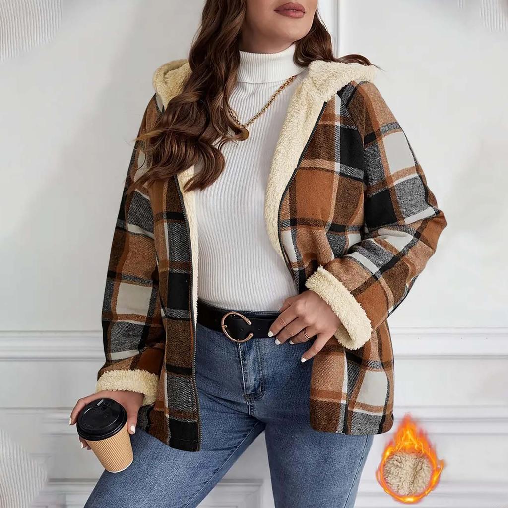 Ladies' Loose Comfortable Casual Fashionable Zipper Hooded Plaid Printed Jacket