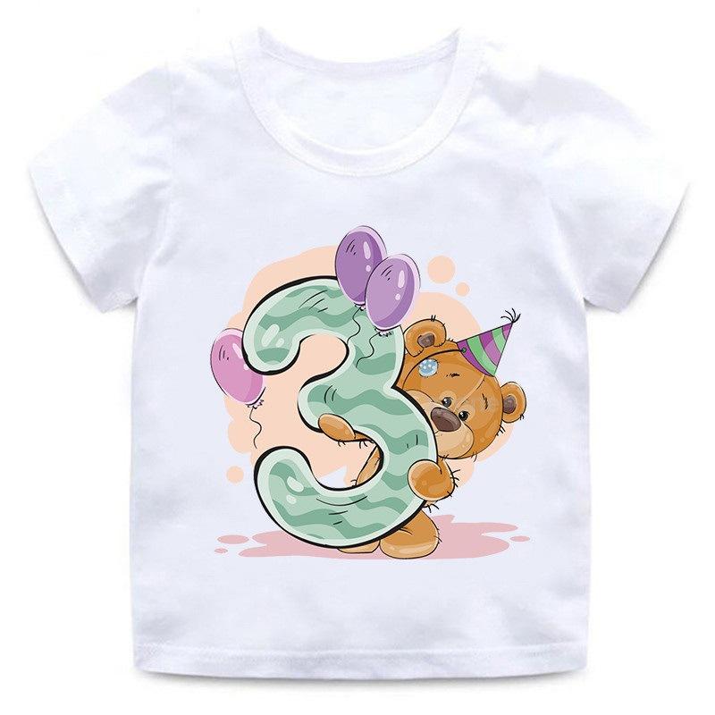 Children's T-shirt with Bear Birthday Number Print, Crew Neck, Short Sleeve, White