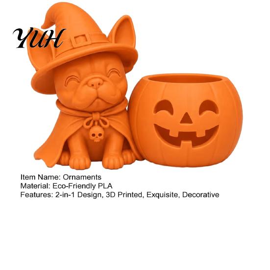 Halloween Party Table Decor French Bulldog Witch Statue, 3D Printed Pumpkin Candle Holder, Desktop Decoration Cute Dog Figurine Tabletop for