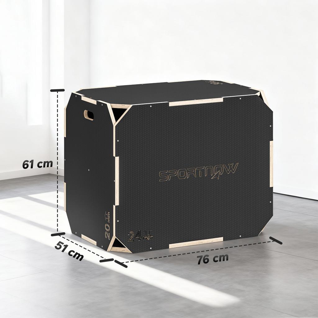 3-in-1 Plyo Box, Jump Box with Handle Openings, for Home Fitness and Outdoor Workouts, 3 Jump Heights, Wood, Black