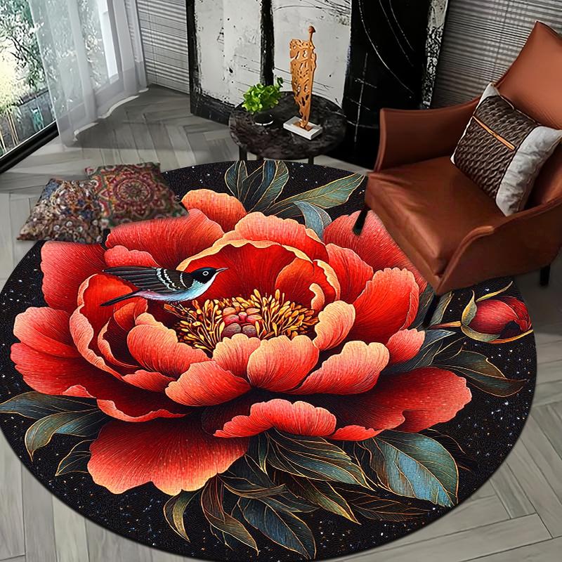 

Red Peony & Bird Style Flannel-printed round floor mats are slip-resistant Suitable living room bedroom terrace garden carpets 60cm