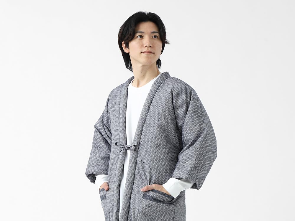 ROCCA Hanten Hanten Made In Tsumugi Standard One Size Fits All Gray X Men's (Kurume Rokka) Japan, Silk, Fit, Loungewear, (Flying Stripes, White)