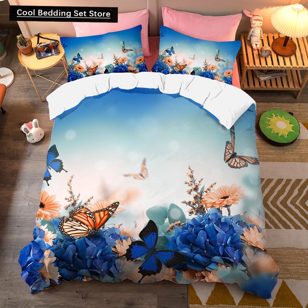 Colorful Beautiful Butterfly Bedding Set Flying Animal Duvet Cover Set Pillowcase Soft Polyester Comforter Set for Women Girls