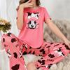 2026 New Summer Ladies Pyjamas Dark Pink Cow Printed Short Sleeved T-shirt and Pants Sleepwear Pajama 2 Pieces Casual Home Wear