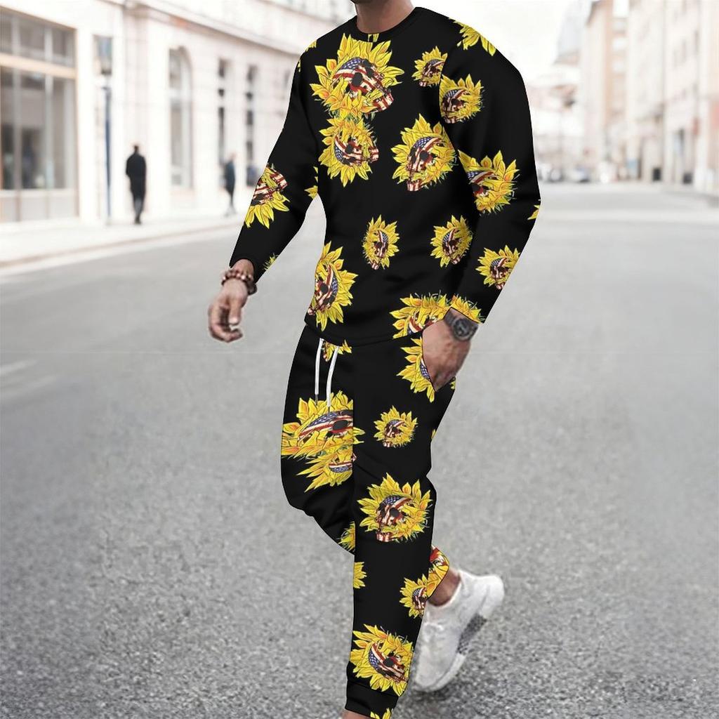 Men Sunflower Skull Flag Print Long Sleeve Sweatshirt And Drawstring Jogger Pants Casual Two Piece Streetwear Outfit