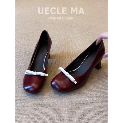 Sheepskin~ French Single Shoes Women's Thick Heel Bow Red Work Shoes Are Beautiful and Not Tired High Heel Mary Jane Shoes