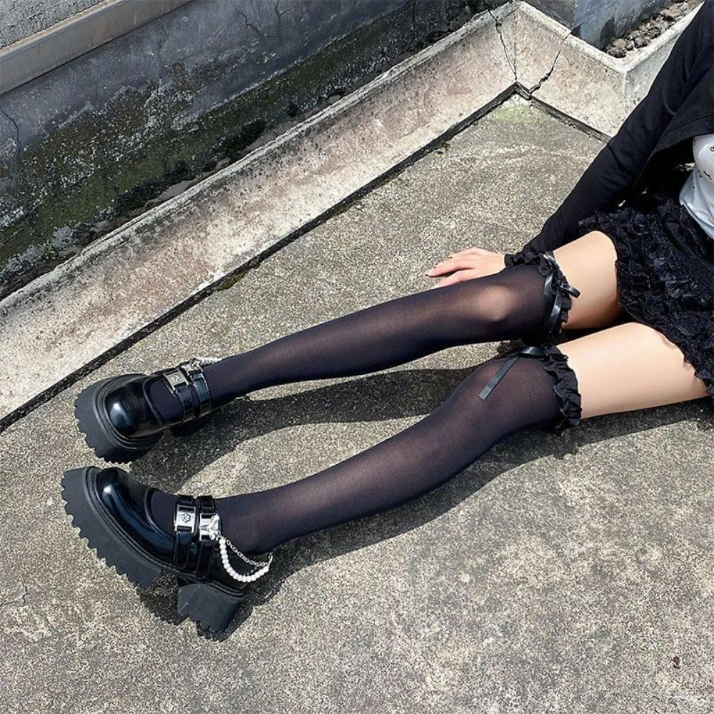 Black Hottie Pure Wind Over Knee Stockings Sweet Lace Lolita JK Stockings Cute Bow Calf Socks
