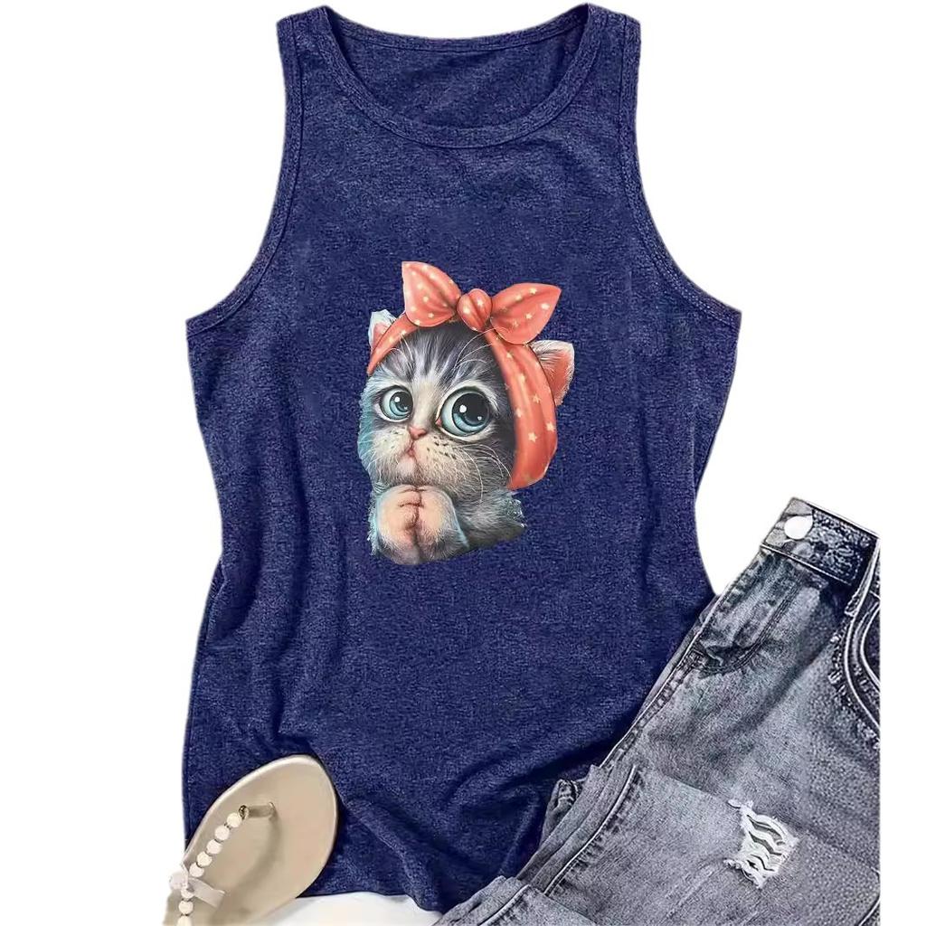 Cat-printed Women's Round-neck Vest for Spring and Summer Casual Sleeveless Top