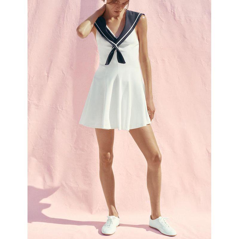 Summer Women's Clothing Wavy Style Wide Hem Patchwork Lining Nautica Style V Neck Short Sleeveless Dress 4661392