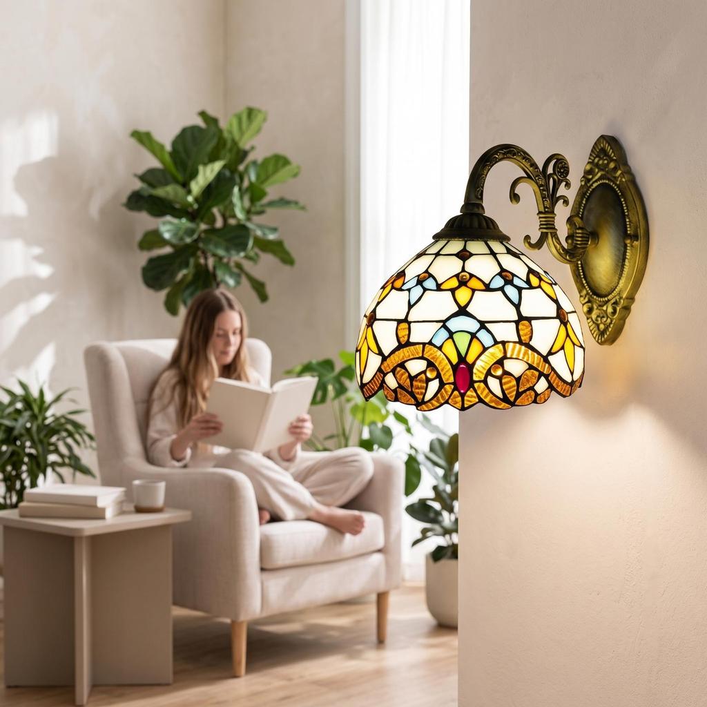 Sconce Lamp with Stained Glass Shade Classic Wall Compact