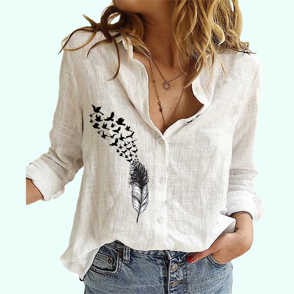Women Fashion Cotton Linen Thin Shirt Ladies Casual Flower Print Blouse