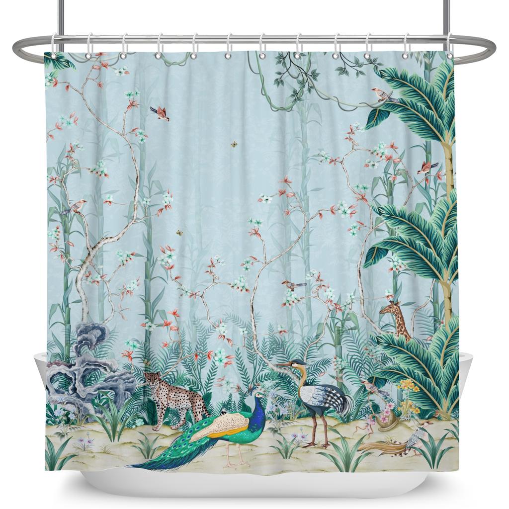 Vintage Bird Flower Shower Curtain with Hooks Artistic Peacock Floral Design Chinese Style Waterproof Polyester Bathroom Curtain