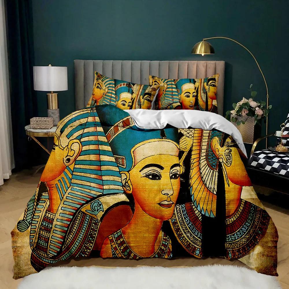 Pharaoh Bedding Sets,King Size 3D Ancient Egypt Tribe Decor Comforter Cover Set For Adult Egyptian Pyramid Polyester Duvet Cover