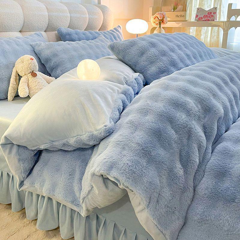 Verdicktes Kaninchenvelours Winterbettwäsche-Set: Milchvelours Bettbezug, Korallenfleece Bettrock, Zweiseitiges Fleece