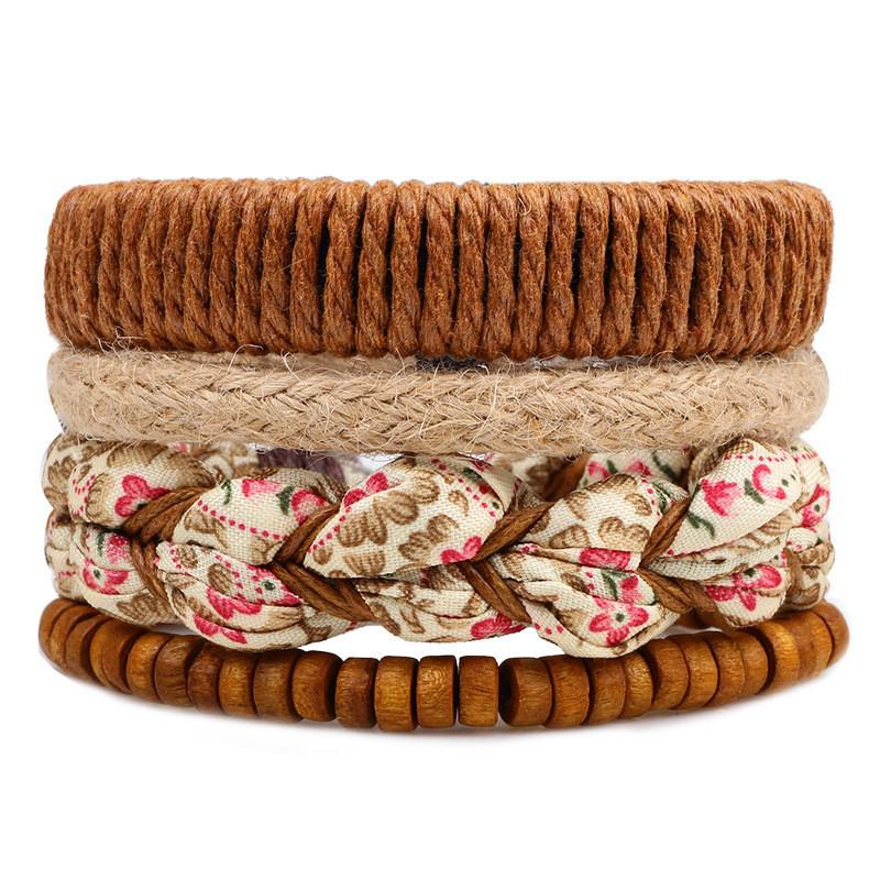 Men's Retro Multi-Strand Cowhide Anchor Bracelet Set with Wood Beads