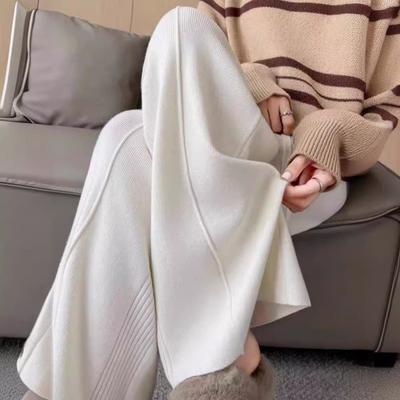 Calças femininas de malha de outono e inverno, perna larga, cintura alta, cor pura