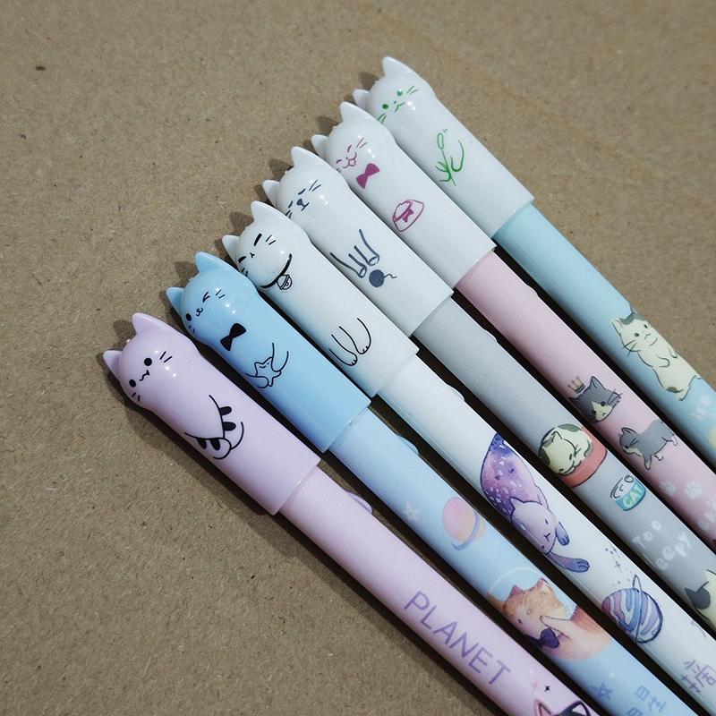 6Pcs Student Teacher Gift 0.5Mm Cute Cat Tail Erasable Gel Pen Set Blue Magic Refill School Office Kawaii Writing Stationery