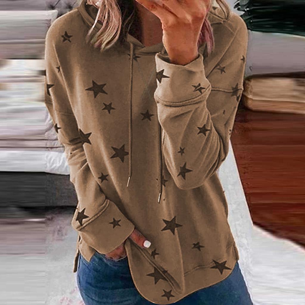 Women Fashion Hooded Star Print Patchwork Long Sleeves Tops Blouse Sweatshirt