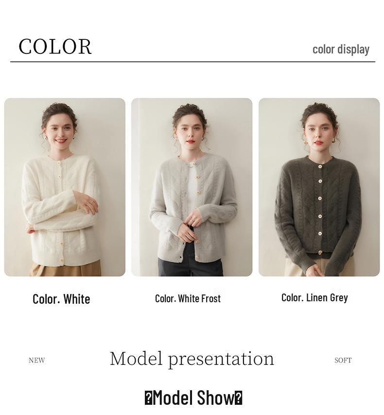 Women's Cable Knit Cashmere Cardigan - Thick, Round Neck, Single-Breasted, Slimming Fit for Autumn/Winter
