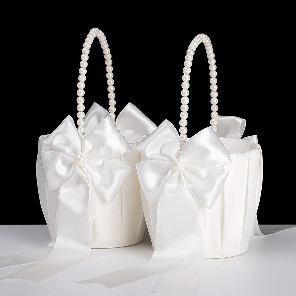 Flower Girl Baskets for Wedding,Ivory Flower Girl Basket With Pearl Handle ,Wedding Baskets for Flower Girls