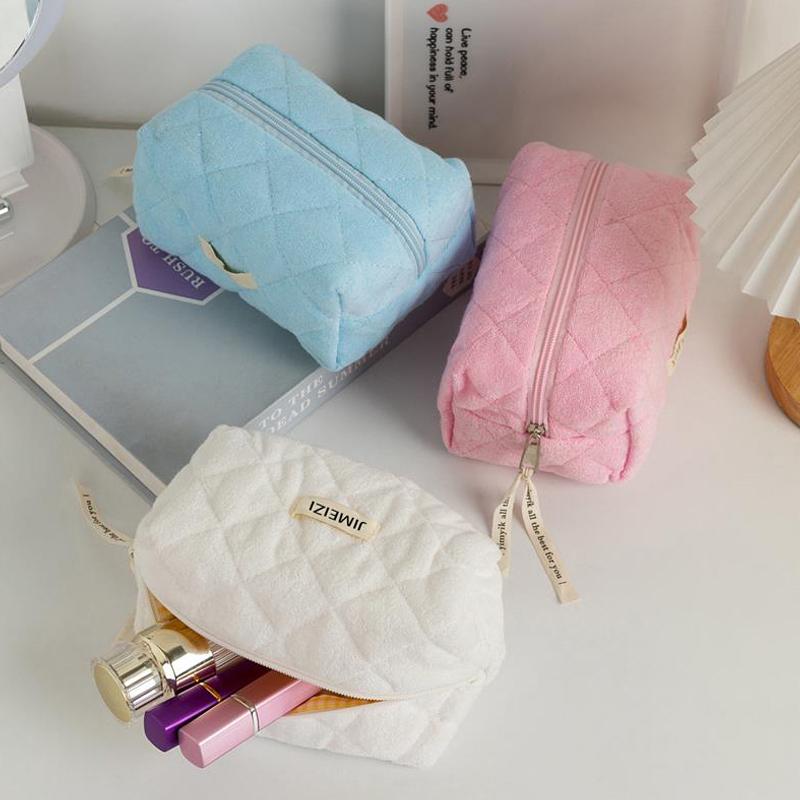Cute Plush Diamond Lattice Cosmetic Bag Girl Pencil Case High Capacity Portable Storage Bag Toiletry Bag Student Stationery Gift