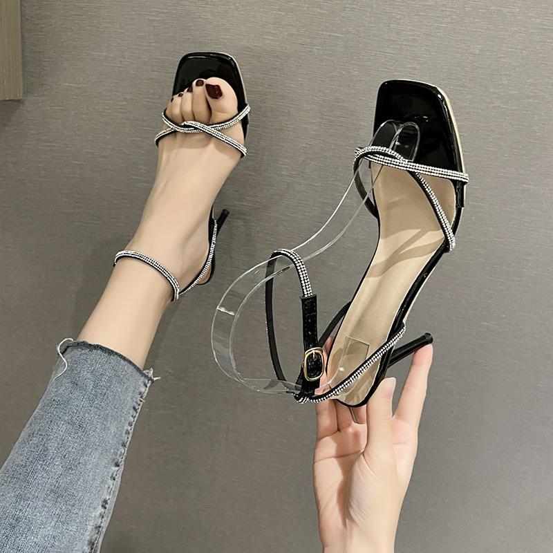 

One-word buckle sandals women s 2025 summer new square head beautiful rhinestone straps sexy silver stiletto high heels women 40