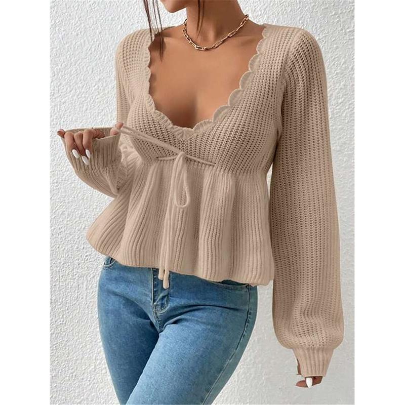 Women's Hollow Out Knitted Sweater Spring Autumn Sexy Deep V Lace Up Pullover Tops Solid Long Sleeve Knitwear Sweater Femme