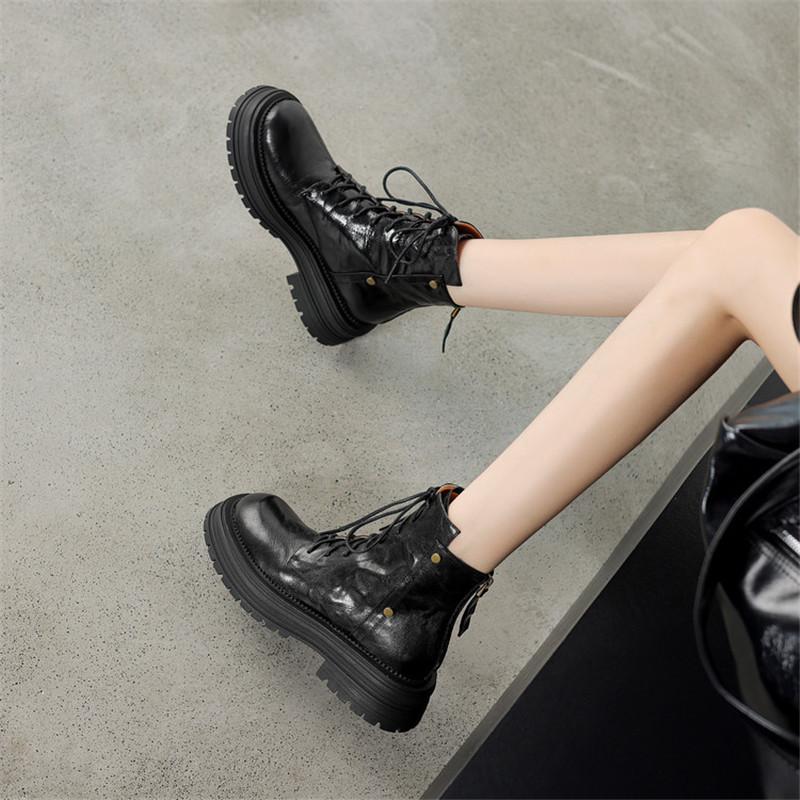Fashion New Autumn/winter Genuine Leather Women Boots Round Toe Shoes for Women Fashion Boots Women Mid Heels Lace Platform Boots