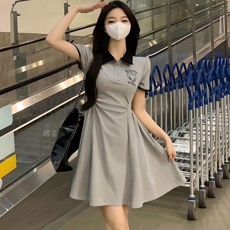 Academic Style Lower Back Appear Thin Sweet Printing Montage Button A-line Women's Polo Dress Summer