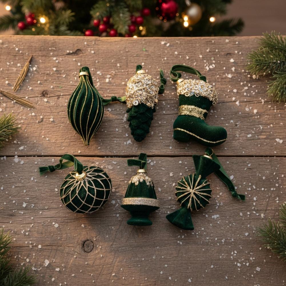 Christmas Tree Decorations Set of 6 with Flocked Texture Ornaments Designed for Window Display and Festive Seasonal Arrangements