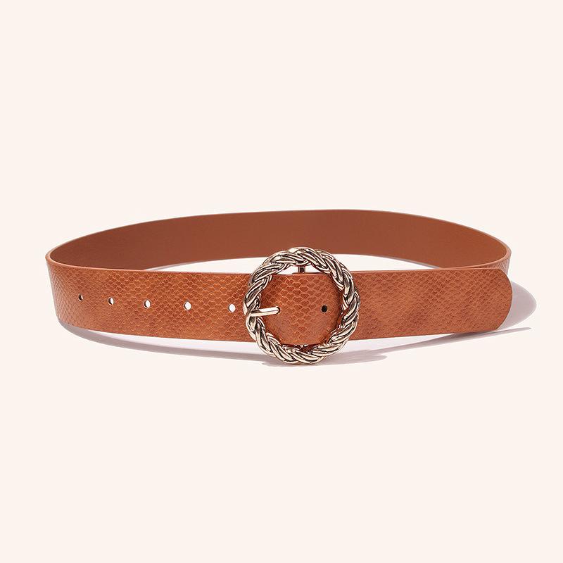 All-match Women's Belt Snake Pattern Round Buckle Brown Black White PU Belt Large Size Women's Belt One Size Women's Belt