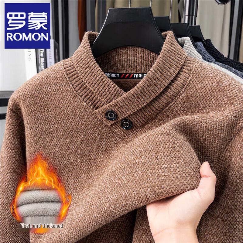 ROMON Men's Fleece-Lined V-Neck Snow Mink Velvet Sweater