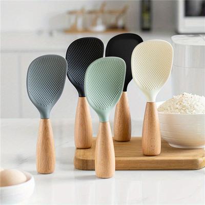 Kaymaz Servis Kaşığı Ahşap Saplı Silikon Ayaklı Pirinç Spatulası Isıya Dayanıklı Yapışmaz Pişirme Kaşığı