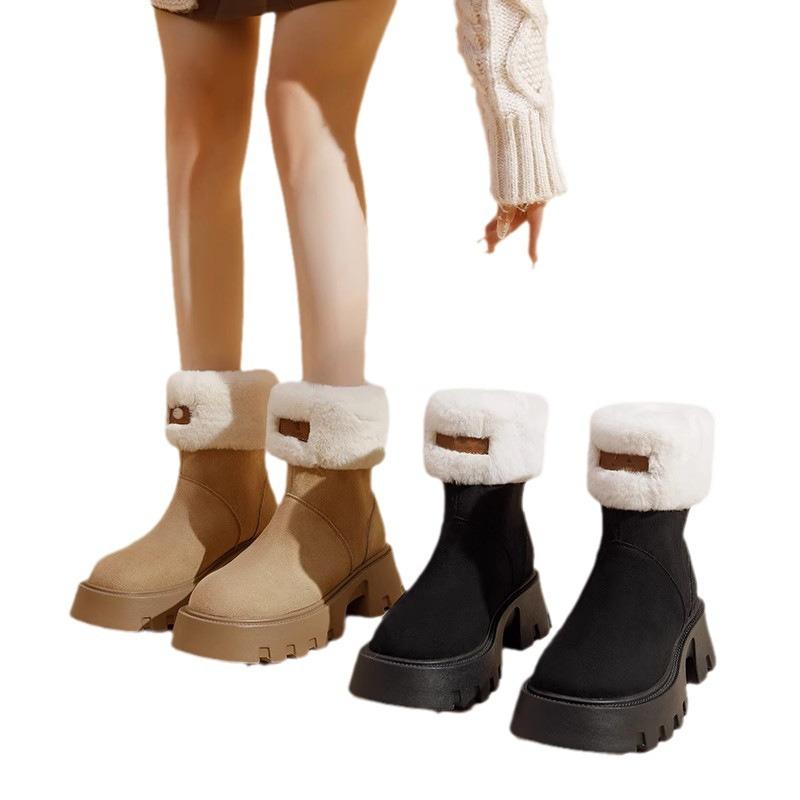 Women's Winter Platform Snow Boots Non-Slip Faux Suede Combat Ankle Booties With Faux Fur Lined Warm Walking Mid-Calf Chelsea Boots Shoes for Women