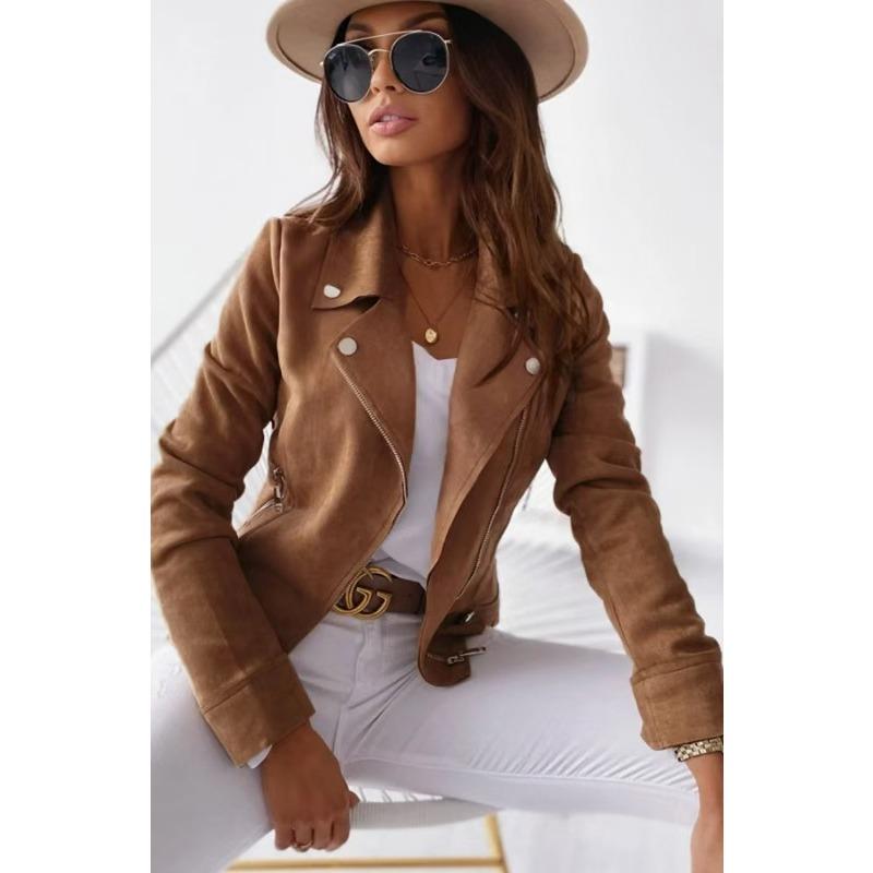 Women's Suede Moto Biker Jacket Zip Up Lapel Long Sleeve Slim Fit Casual Outerwear