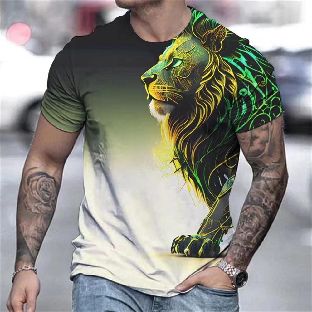 Fashionable Animal Lion Pattern 3D Digital Printing Men's Round Neck Short Sleeved T-shirt