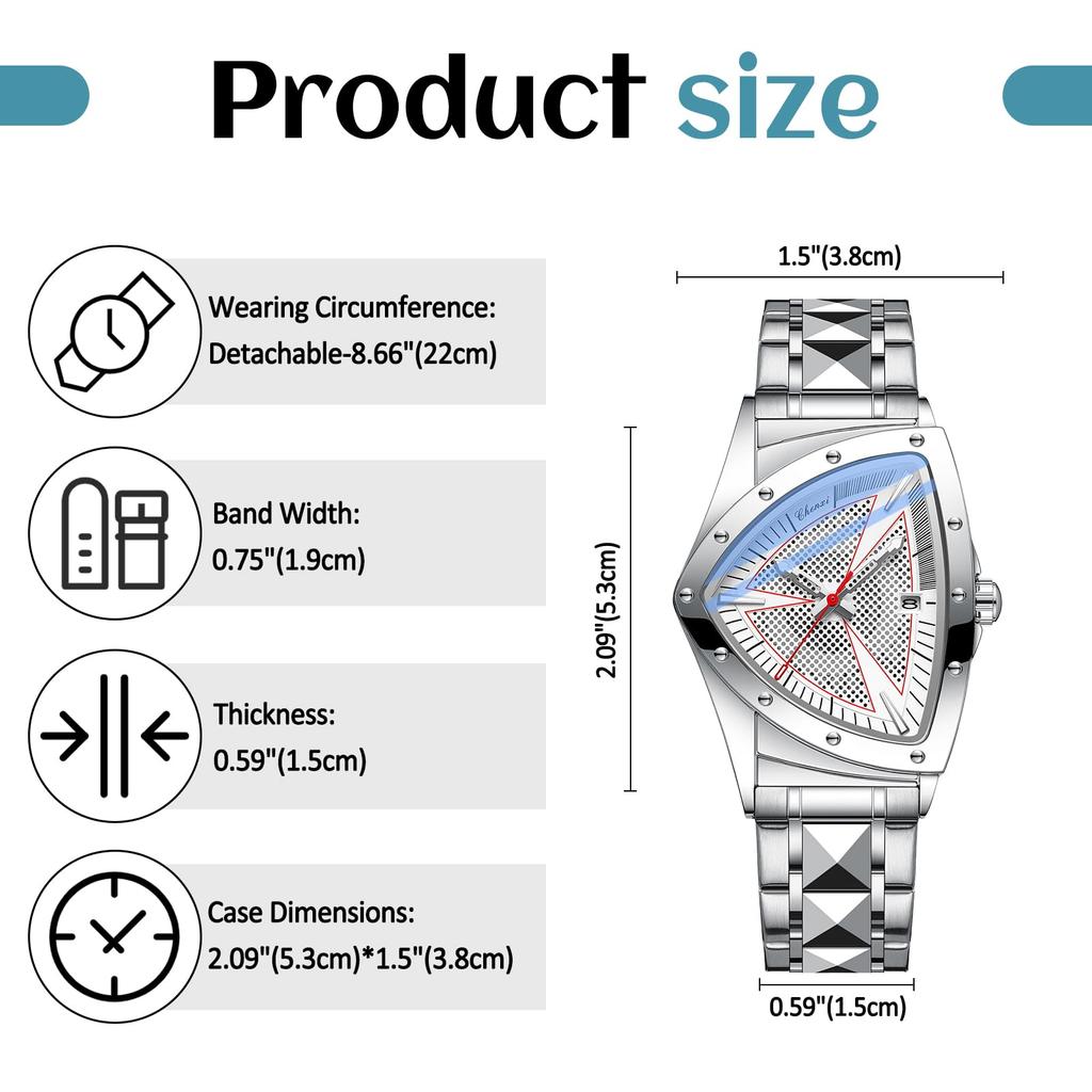 Triangular Case Watch with Stainless Steel Band Featuring Luminous Analog Quartz 3ATM Water and Date Calendar Designed for Visibility and Durability