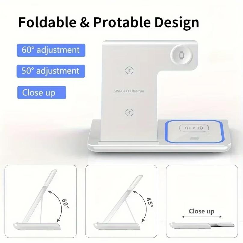 Wireless Charger LED Light Phone Stand 4 In 1 For iPhone 16 15 14 13 12 Apple Watch 8 7 6 AirPods Foldable Fast Charging Station