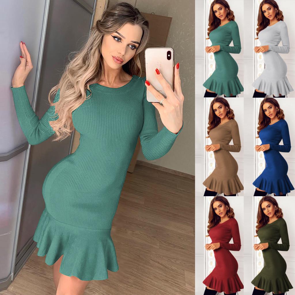 

Women Fashion Round Neck Solid Long Sleeve Dress Party Dress