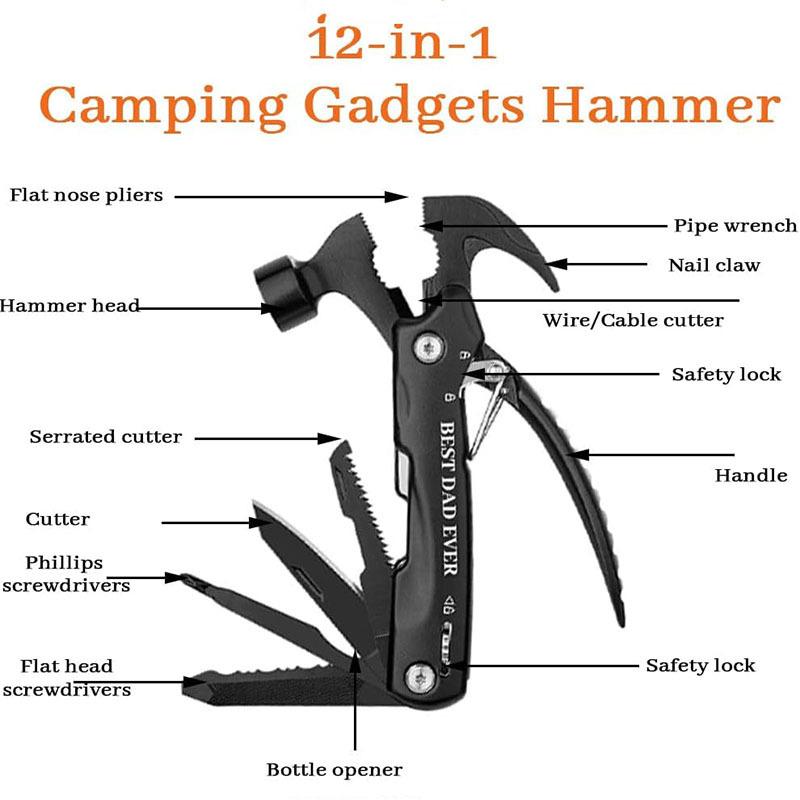 12-in-1 Hammer Multifunction Screwdriver Outdoor Camping Ideal Gift for Father Husband Boyfriend Hiking Claw Hammer Survival Kit