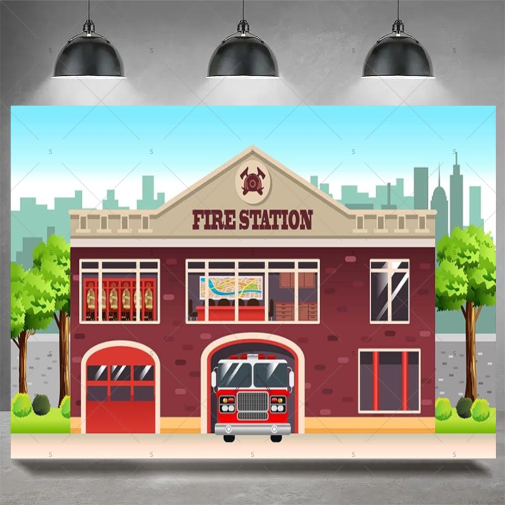 Firefighter Firetruck Theme BackgroundRed Fire Truck Children Boy Birthday Party Decor Baby Shower Photography Backdrop Props
