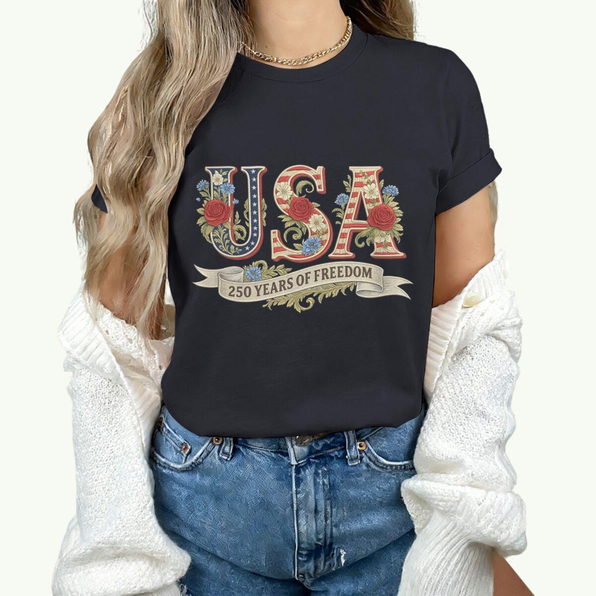 Causal 250th Anniversary Floral USA T-Shirt Women Retro Patriotic Rose Daisy Flowers Tee Fashion Independence Day 2026 Shirt M