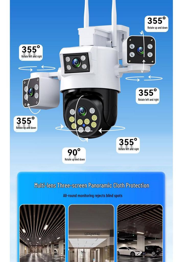 4G Rotating Surveillance Camera with Three Lenses, 360° Panoramic View, No Recharge Needed, Waterproof & Remote Access