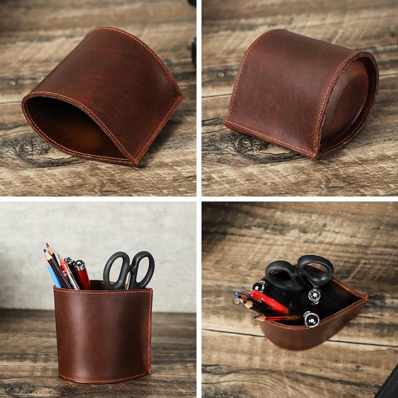 Kreativer runder Stiftehalter aus Leder, handgefertigt, Aufbewahrungsbox für Bürobedarf, Schreibtisch-Federmäppchen-Set