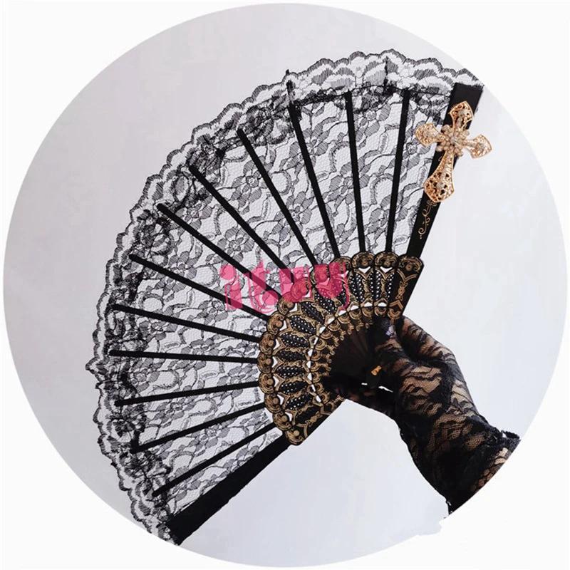 Handmade Lolita Vintage Gothic Black White Lace Hand Fan Golden Sun Flower Cross Folding Hand Fan for Photo Props Show Dancing