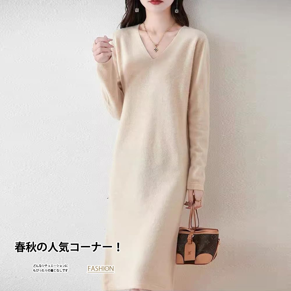 Vestido de Tricô de Lã PHOLEEY com Mangas Longas e Perfeito para o Outono e Perfeito para o Trabalho ou Encontros Feminino 100% Gola V, Mangas, Fendas, Inverno,